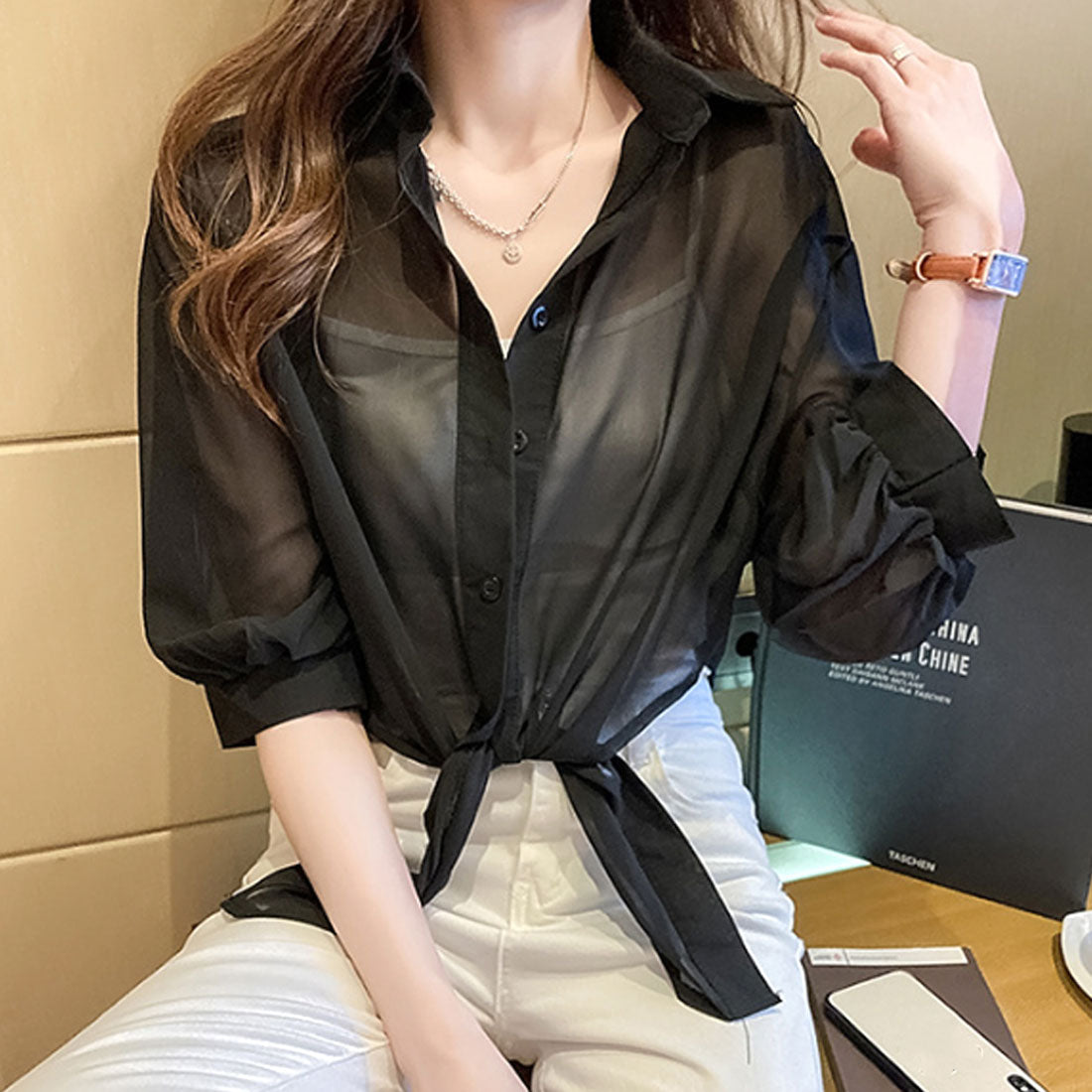 アミュレット Amulet 裾結びシアーシャツ レディース カジュアル 10代 20代 30代 韓国ファッション 韓国 春 秋服 夏服 ブラウス ショート丈 無地 透け感 (パープル) パープル