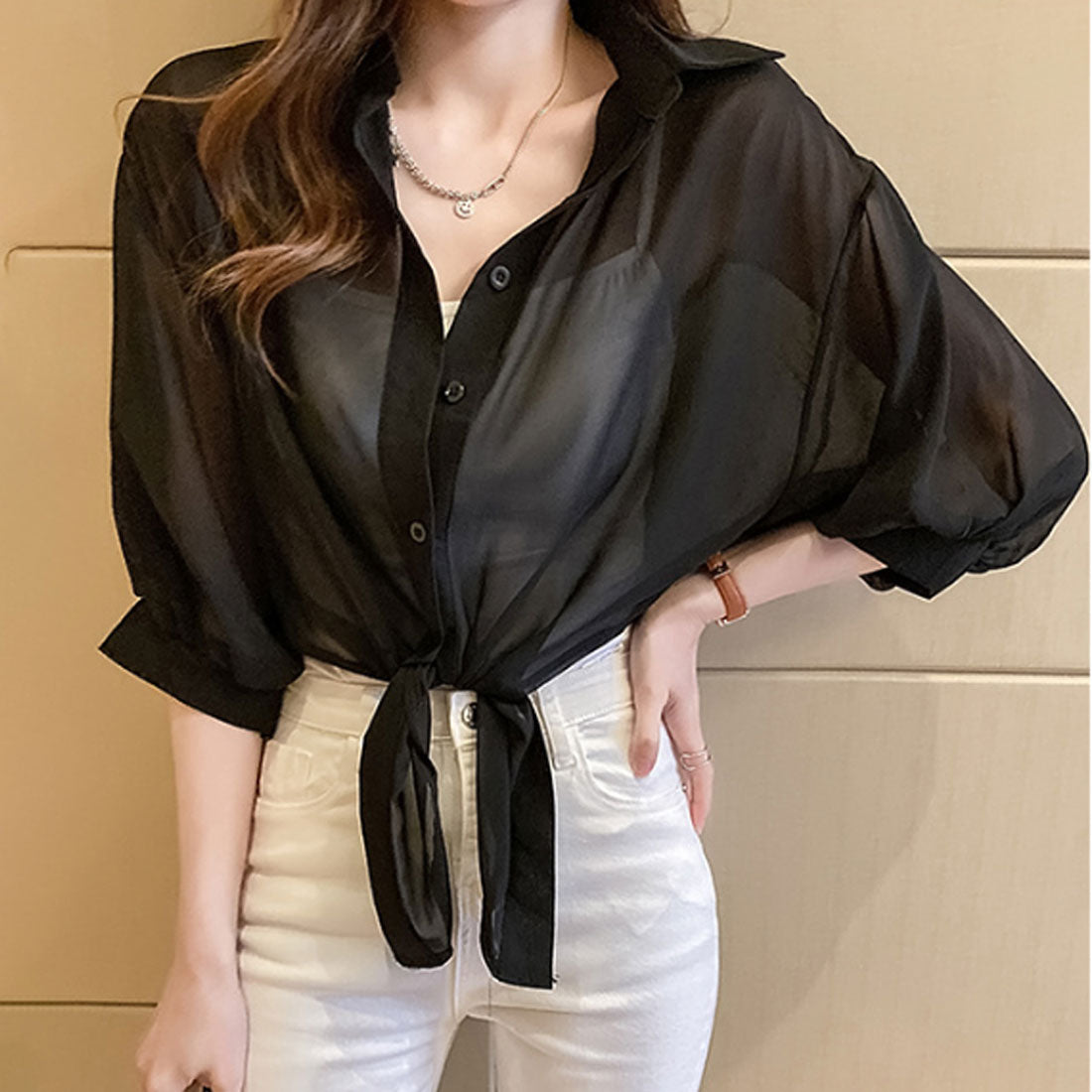 アミュレット Amulet 裾結びシアーシャツ レディース カジュアル 10代 20代 30代 韓国ファッション 韓国 春 秋服 夏服 ブラウス ショート丈 無地 透け感 (パープル) パープル