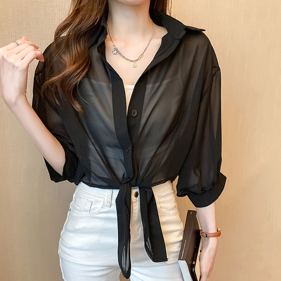 アミュレット Amulet 裾結びシアーシャツ レディース カジュアル 10代 20代 30代 韓国ファッション 韓国 春 秋服 夏服 ブラウス ショート丈 無地 透け感 (ブラック) ブラック