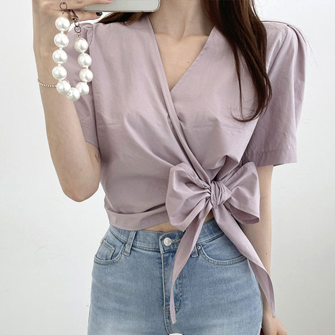アミュレット Amulet ウエストリボンシャツ ブラウス レディース カジュアル 10代 20代 30代 韓国ファッション 韓国 ショート丈 無地 セクシー 春 秋服 夏服,パープル