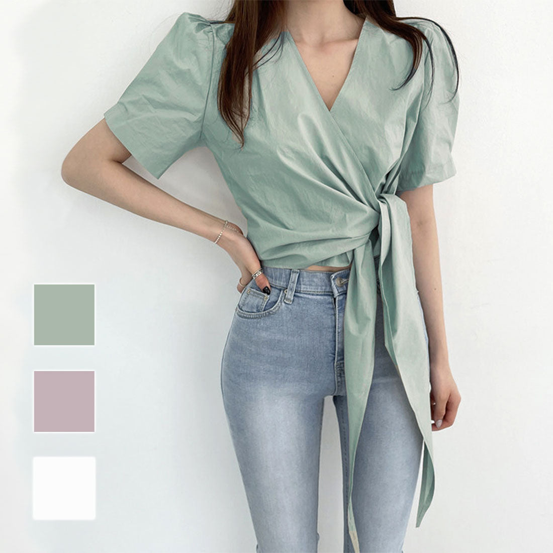 アミュレット Amulet ウエストリボンシャツ ブラウス レディース カジュアル 10代 20代 30代 韓国ファッション 韓国 ショート丈 無地 セクシー 春 秋服 夏服