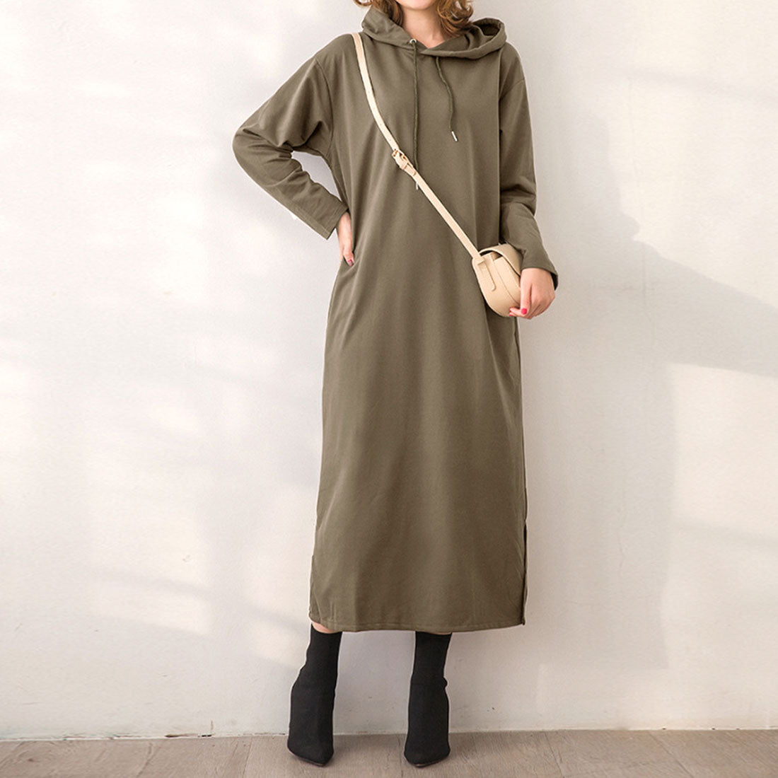 Amulet Women's Hoodie Dress, Long, for Teens, 20s, 30s, Korean Fashion, Korean, Casual, Spring, Autumn, Plain, Long Sleeves, Large Size, Simple