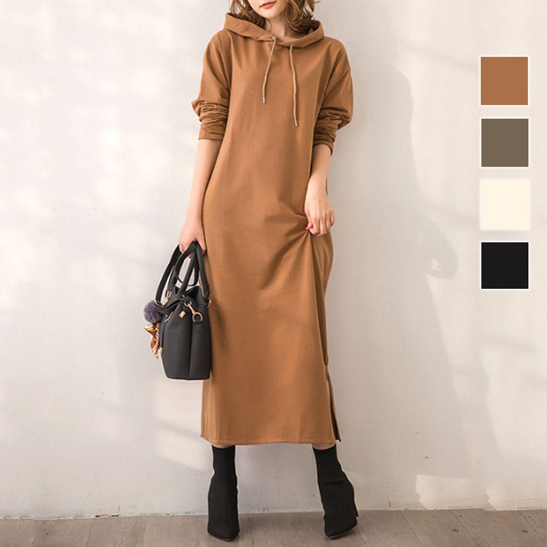 Amulet Women's Hoodie Dress, Long, for Teens, 20s, 30s, Korean Fashion, Korean, Casual, Spring, Autumn, Plain, Long Sleeves, Large Size, Simple