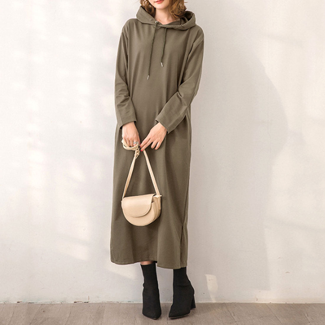 Amulet Women's Hoodie Dress, Long, for Teens, 20s, 30s, Korean Fashion, Korean, Casual, Spring, Autumn, Plain, Long Sleeves, Large Size, Simple