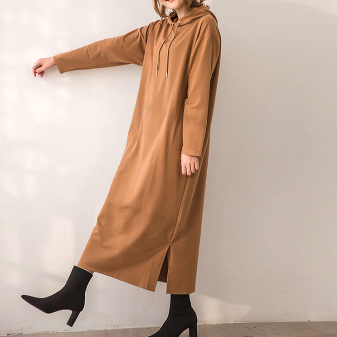 Amulet Women's Hoodie Dress, Long, for Teens, 20s, 30s, Korean Fashion, Korean, Casual, Spring, Autumn, Plain, Long Sleeves, Large Size, Simple