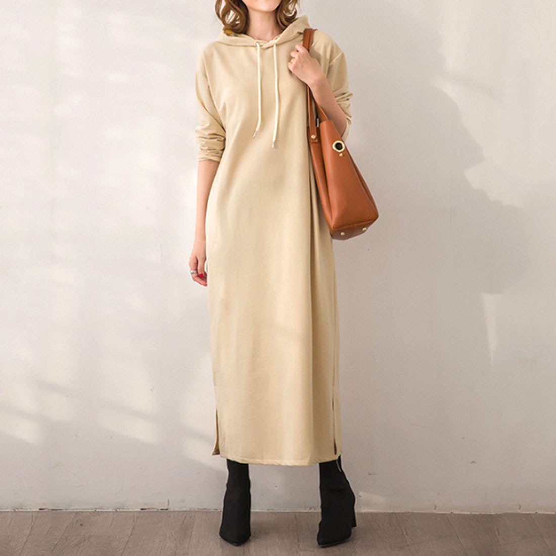 Amulet Women's Hoodie Dress, Long, for Teens, 20s, 30s, Korean Fashion, Korean, Casual, Spring, Autumn, Plain, Long Sleeves, Large Size, Simple