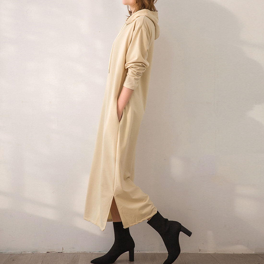 Amulet Women's Hoodie Dress, Long, for Teens, 20s, 30s, Korean Fashion, Korean, Casual, Spring, Autumn, Plain, Long Sleeves, Large Size, Simple