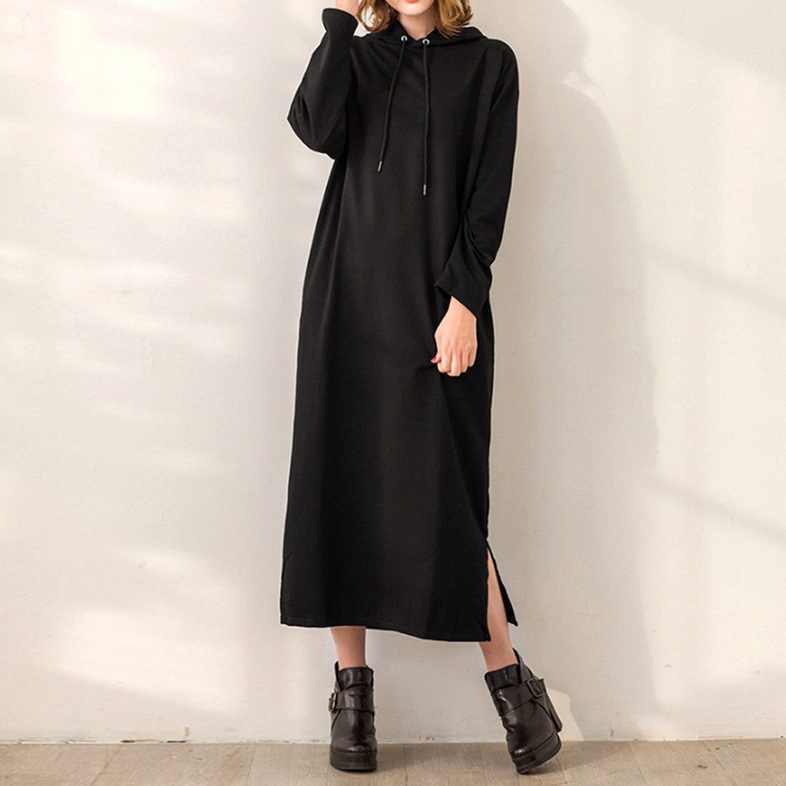 Amulet Women's Hoodie Dress, Long, for Teens, 20s, 30s, Korean Fashion, Korean, Casual, Spring, Autumn, Plain, Long Sleeves, Large Size, Simple