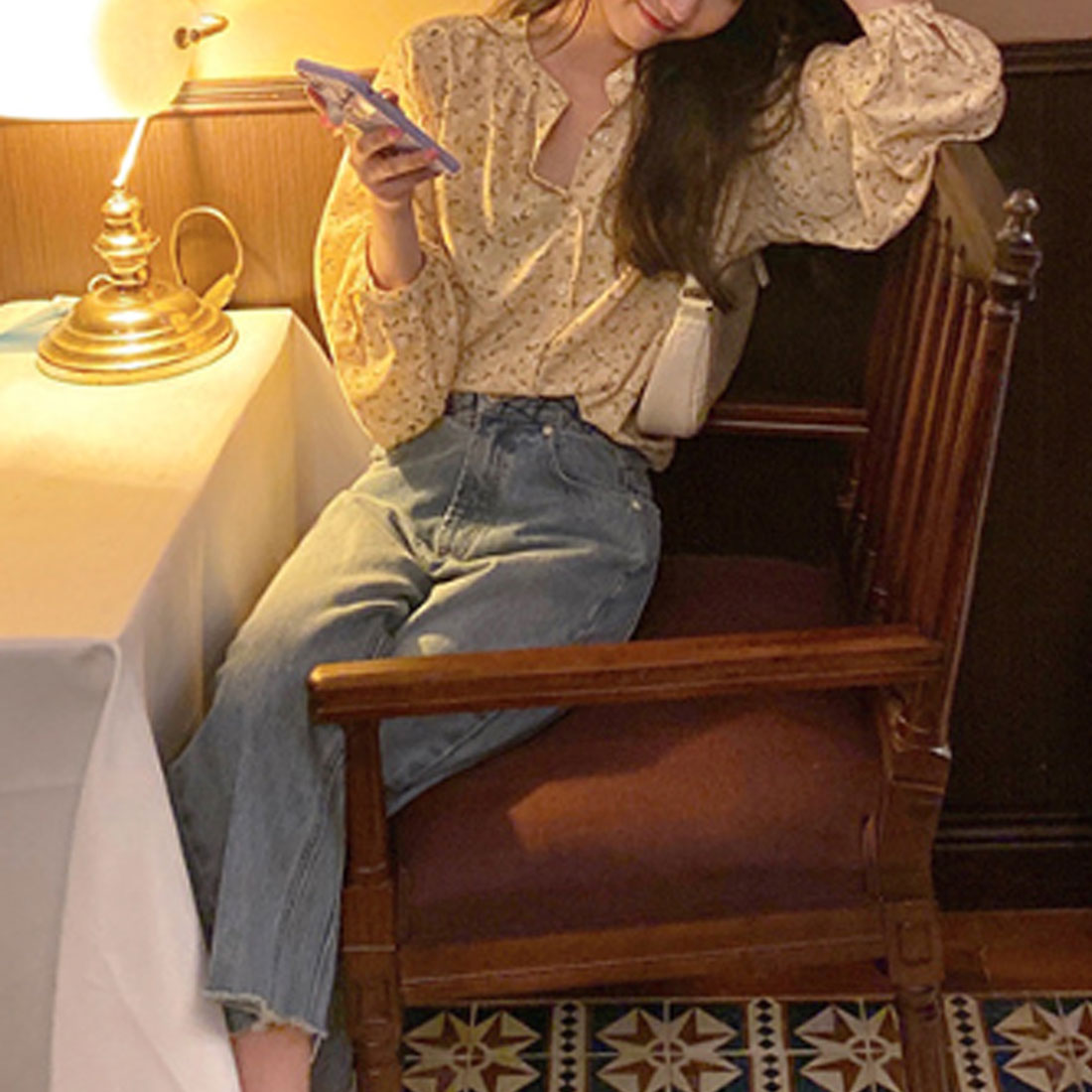 アミュレット Amulet 花柄フェミニンブラウス レディース トップス 長袖 春服 秋 10代 20代 30代 韓国ファッション 可愛い カジュア ル大きいサイズ レトロ