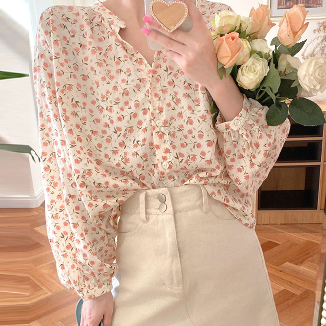 アミュレット Amulet 花柄フェミニンブラウス レディース トップス 長袖 春服 秋 10代 20代 30代 韓国ファッション 可愛い カジュア ル大きいサイズ レトロ