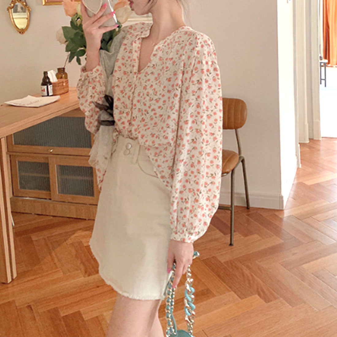 アミュレット Amulet 花柄フェミニンブラウス レディース トップス 長袖 春服 秋 10代 20代 30代 韓国ファッション 可愛い カジュア ル大きいサイズ レトロ