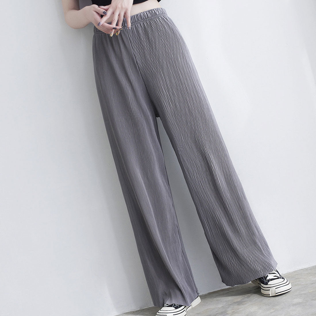 Amulet Pleated Wide Long Pants Women's Bottoms Spring Clothes Summer Teens 20s 30s Korean Fashion Flare Pants Large Size Streetwear