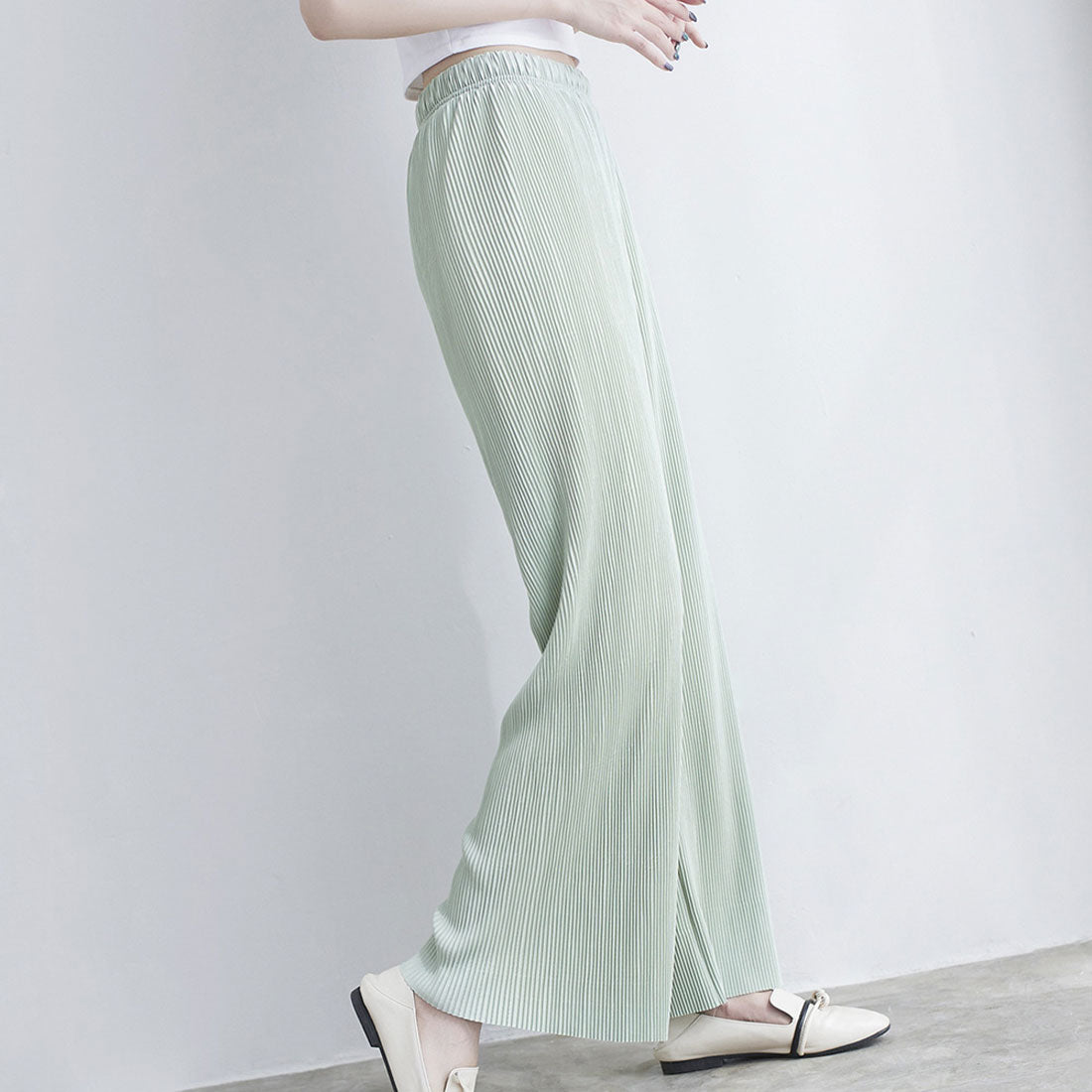 アミュレット Amulet プリーツワイドロングパンツ レディース ボトムス 春服 夏 10代 20代 30代 韓国ファッション フレアパンツ 大きいサイズ ストリート,ライトグリーン