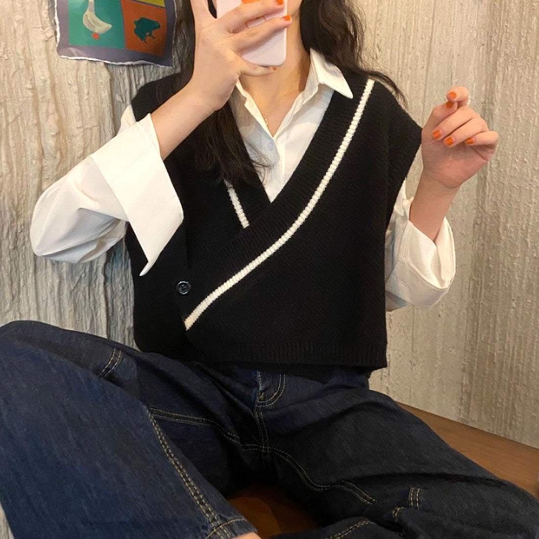 護身符的護身符短長v脖子最好的女士頂部春季服裝跌落在20多歲的韓國時尚短時辦公室休閒基本穿著