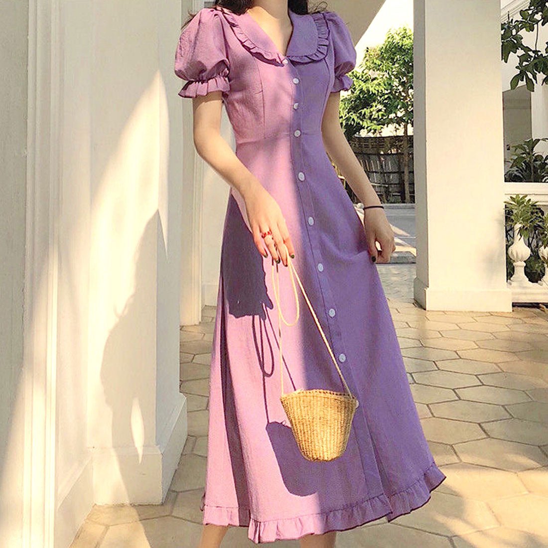 Amulet Frill Dress for Women, Casual, Spring, Summer, Autumn, Korean Fashion, Teens, 20s, 30s, Girly, Cute, Buttons, Puff Sleeves, Ribbon, Short Sleev