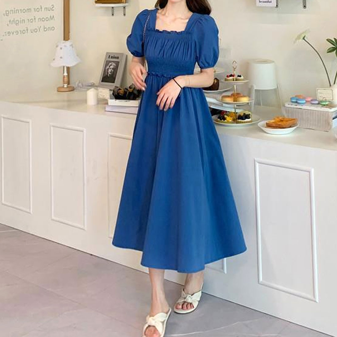 Amulet Shirred Long Dress for Women, Spring, Summer, Autumn, Korean Fashion, Teens, 20s, 30s, Casual, Short Sleeves, Cute for Adults, Retro, Simple