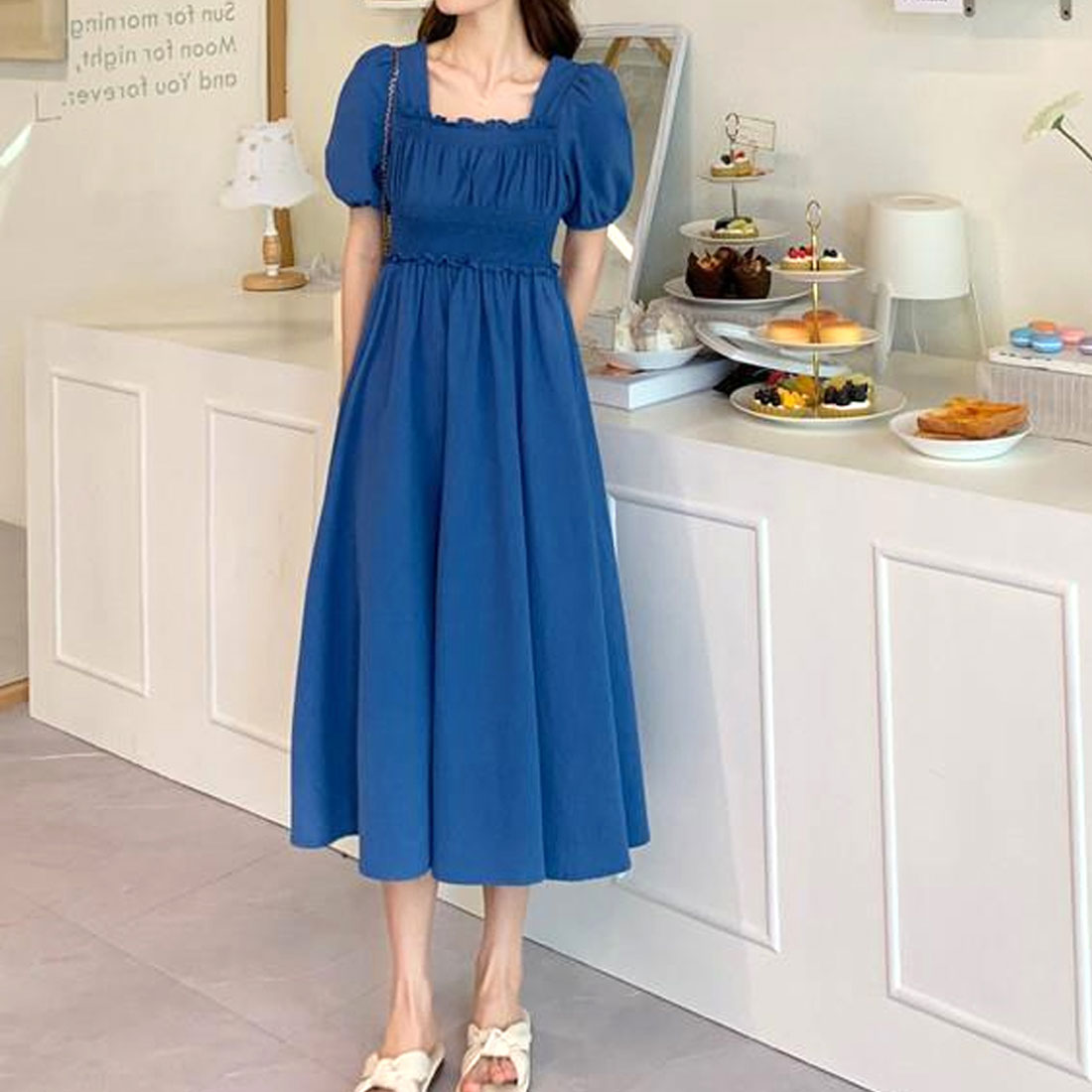 Amulet Shirred Long Dress for Women, Spring, Summer, Autumn, Korean Fashion, Teens, 20s, 30s, Casual, Short Sleeves, Cute for Adults, Retro, Simple