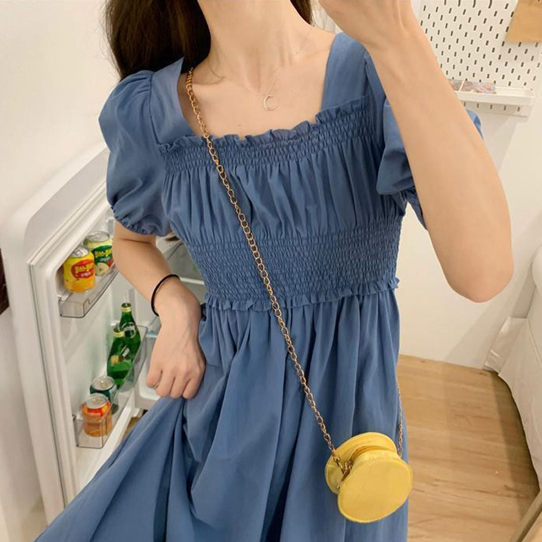 Amulet Shirred Long Dress for Women, Spring, Summer, Autumn, Korean Fashion, Teens, 20s, 30s, Casual, Short Sleeves, Cute for Adults, Retro, Simple