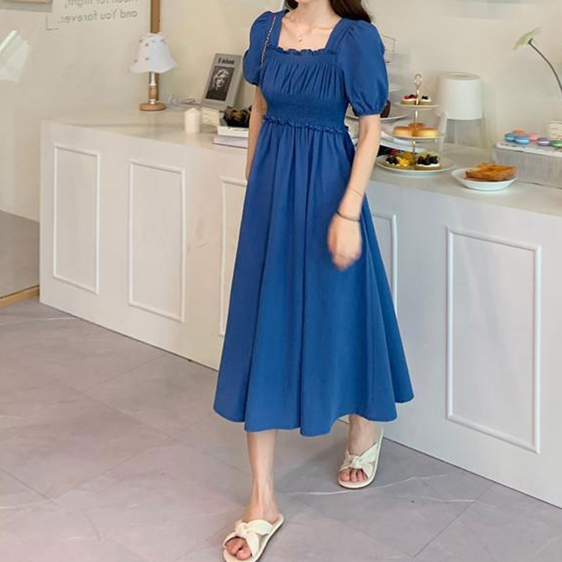 Amulet Shirred Long Dress for Women, Spring, Summer, Autumn, Korean Fashion, Teens, 20s, 30s, Casual, Short Sleeves, Cute for Adults, Retro, Simple