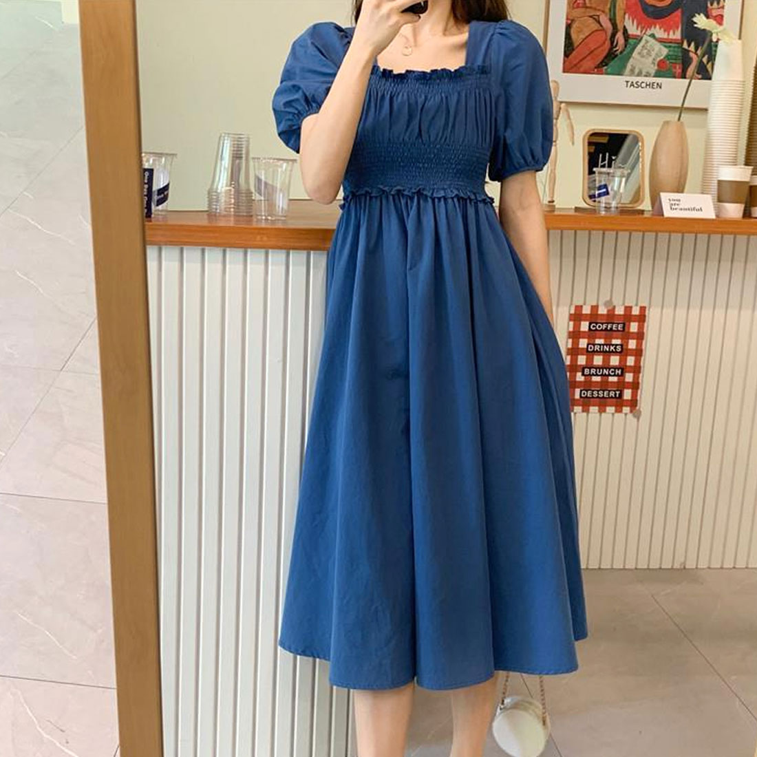 Amulet Shirred Long Dress for Women, Spring, Summer, Autumn, Korean Fashion, Teens, 20s, 30s, Casual, Short Sleeves, Cute for Adults, Retro, Simple