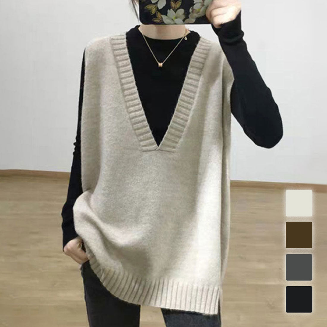 アミュレット Amulet オーバーVネックベスト 秋 冬 韓国ファッション 10代 20代 30代 レディース 暖かい 可愛い 大人カジュアル 黒 白 レイヤードアイテム