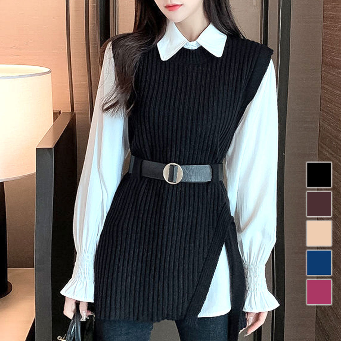 アミュレット Amulet ニットベストセットアップ レディース 10代 20代 30代 韓国ファッション カジュアル 可愛い ブラウス ベルト レイヤード 春 夏 秋 冬 (ブラウン) ブラウン