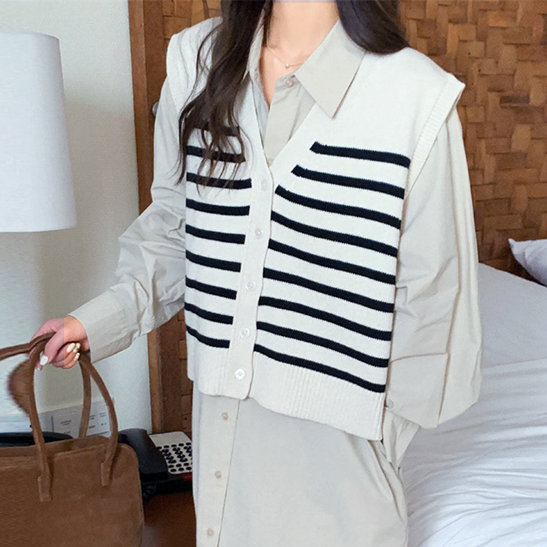 Amulet Striped Knit Vest for Women, Teens, 20s, 30s, Korean Fashion, Spring, Autumn, Winter, Casual, Cute, White, Black, Striped, Tops, Simple