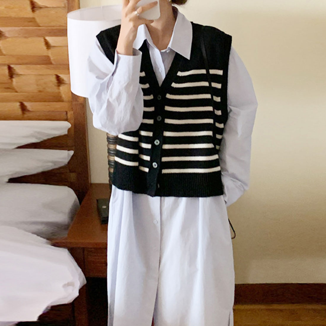 Amulet Striped Knit Vest for Women, Teens, 20s, 30s, Korean Fashion, Spring, Autumn, Winter, Casual, Cute, White, Black, Striped, Tops, Simple