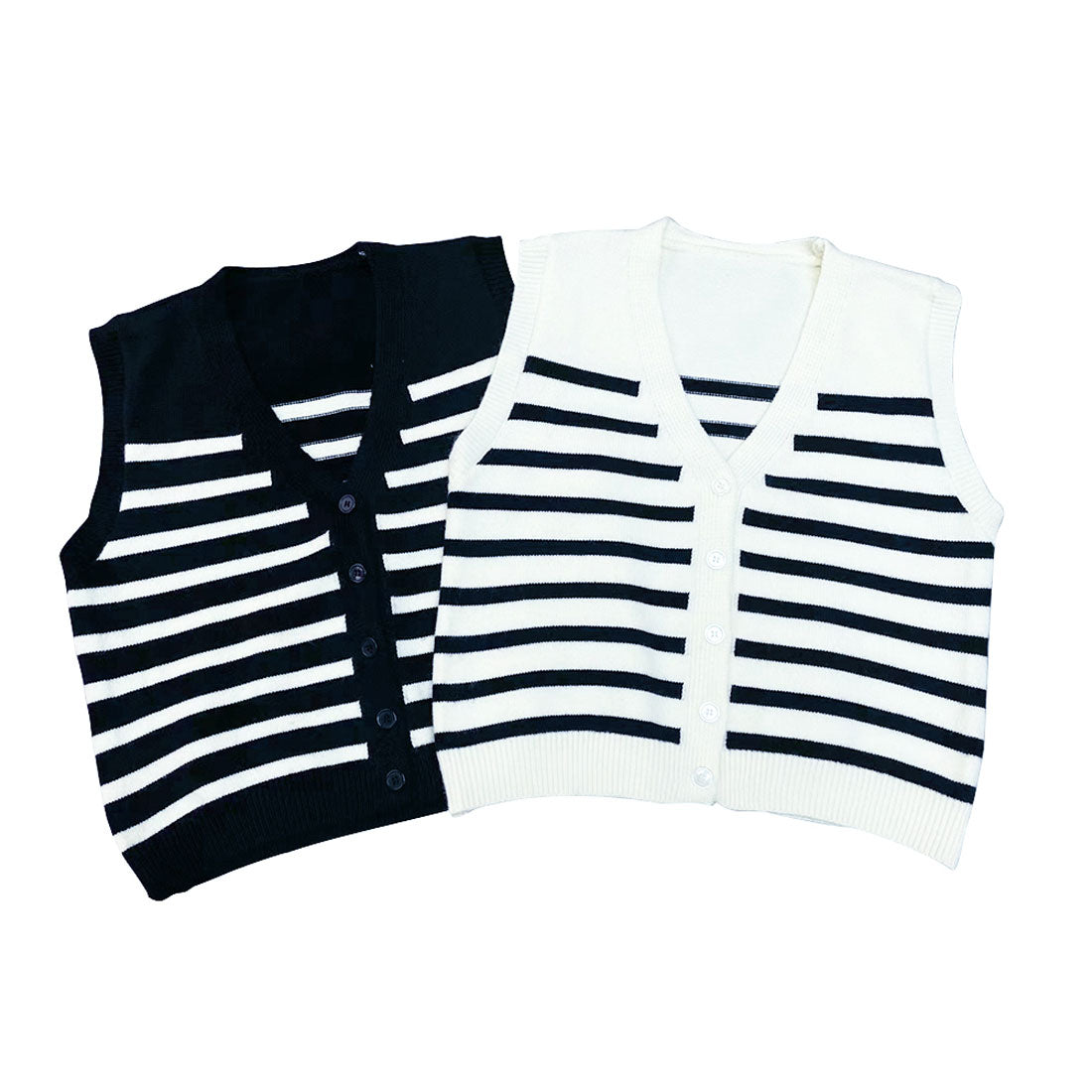 Amulet Striped Knit Vest for Women, Teens, 20s, 30s, Korean Fashion, Spring, Autumn, Winter, Casual, Cute, White, Black, Striped, Tops, Simple