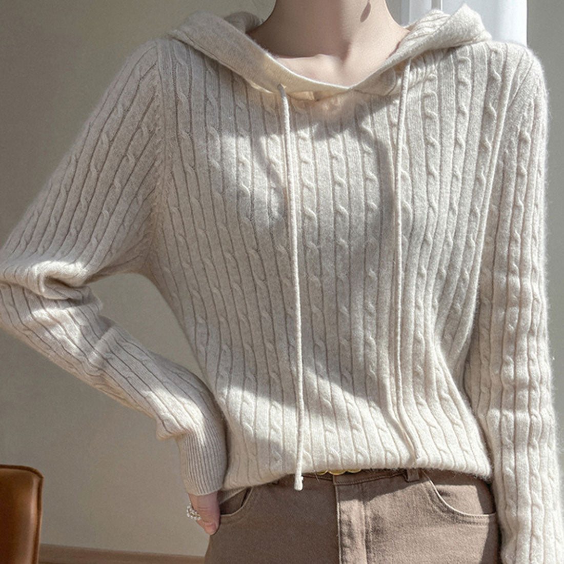 Amulet Hooded Cable Knit Sweater for Women, Teens, 20s, 30s, Korean Fashion, Autumn, Winter, Casual, Cute, Tops, Simple, Plain