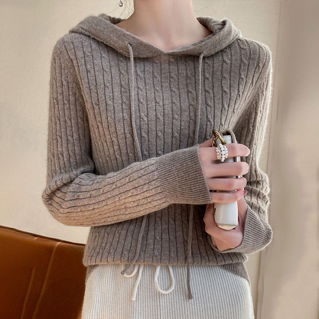 Amulet Hooded Cable Knit Sweater for Women, Teens, 20s, 30s, Korean Fashion, Autumn, Winter, Casual, Cute, Tops, Simple, Plain