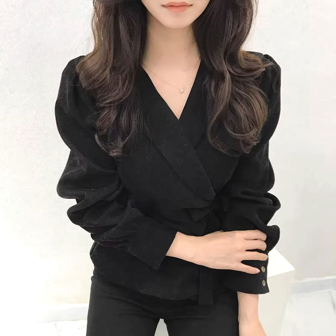アミュレット Amulet カシュクールブラウス レディース 10代 20代 30代 韓国ファッション 春 秋 カジュアル 長袖 シンプル おしゃれ 可愛い 白 黒 無地 (ブラック) ブラック