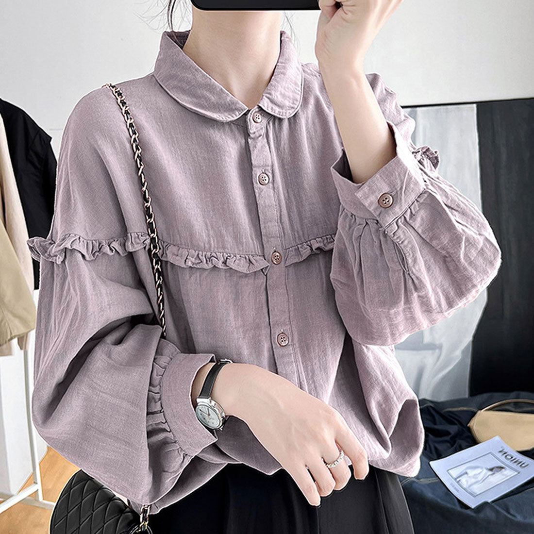 アミュレット Amulet ドロップショルダーギャザーブラウス レディース 10代 20代 30代 韓国ファッション 春 秋 カジュアル 長袖 おしゃれ 可愛い 白 無地,パープル