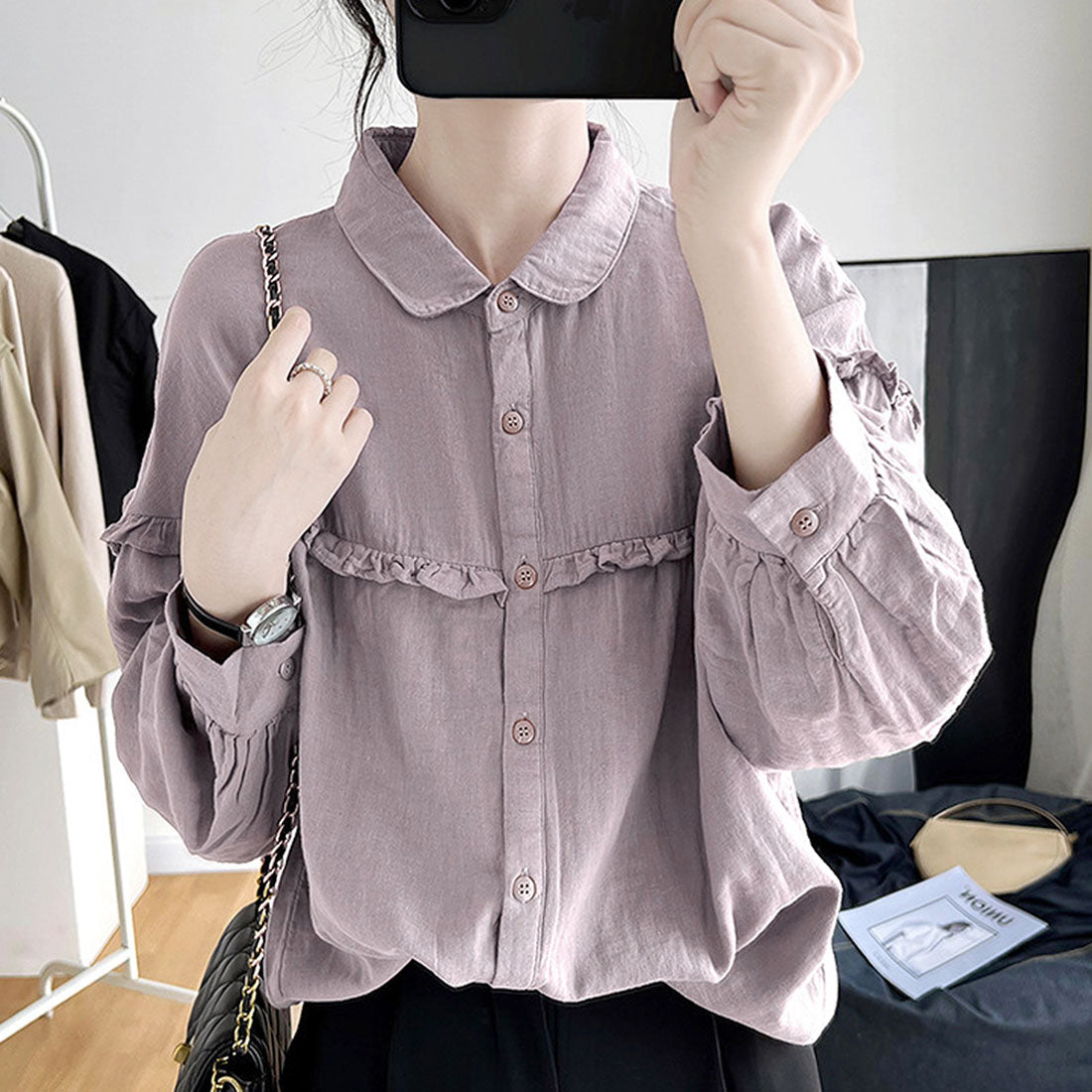 アミュレット Amulet ドロップショルダーギャザーブラウス レディース 10代 20代 30代 韓国ファッション 春 秋 カジュアル 長袖 おしゃれ 可愛い 白 無地