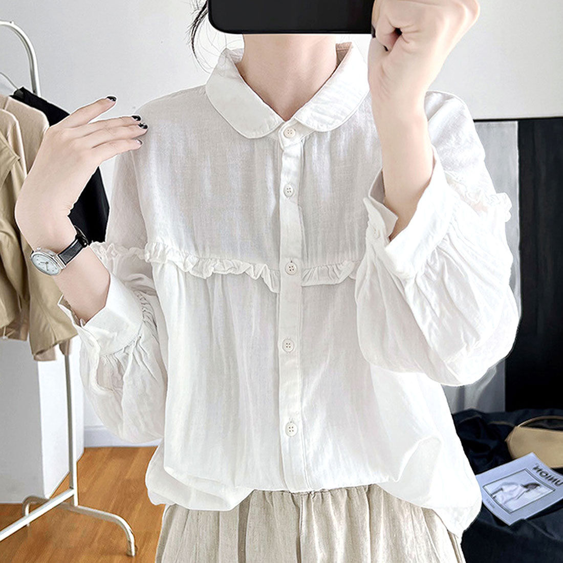 アミュレット Amulet ドロップショルダーギャザーブラウス レディース 10代 20代 30代 韓国ファッション 春 秋 カジュアル 長袖 おしゃれ 可愛い 白 無地