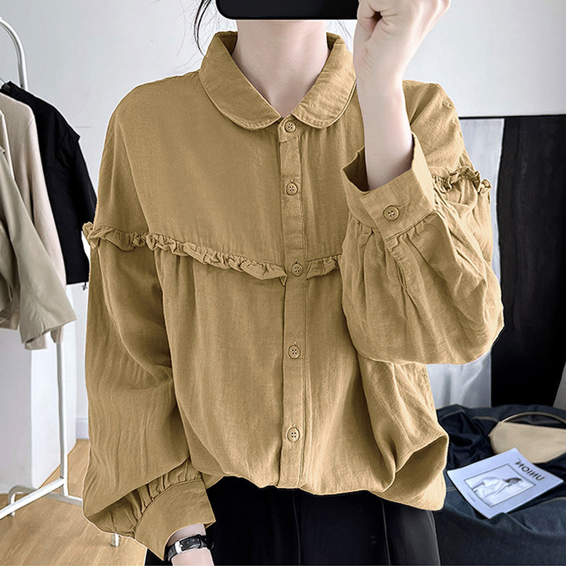 アミュレット Amulet ドロップショルダーギャザーブラウス レディース 10代 20代 30代 韓国ファッション 春 秋 カジュアル 長袖 おしゃれ 可愛い 白 無地