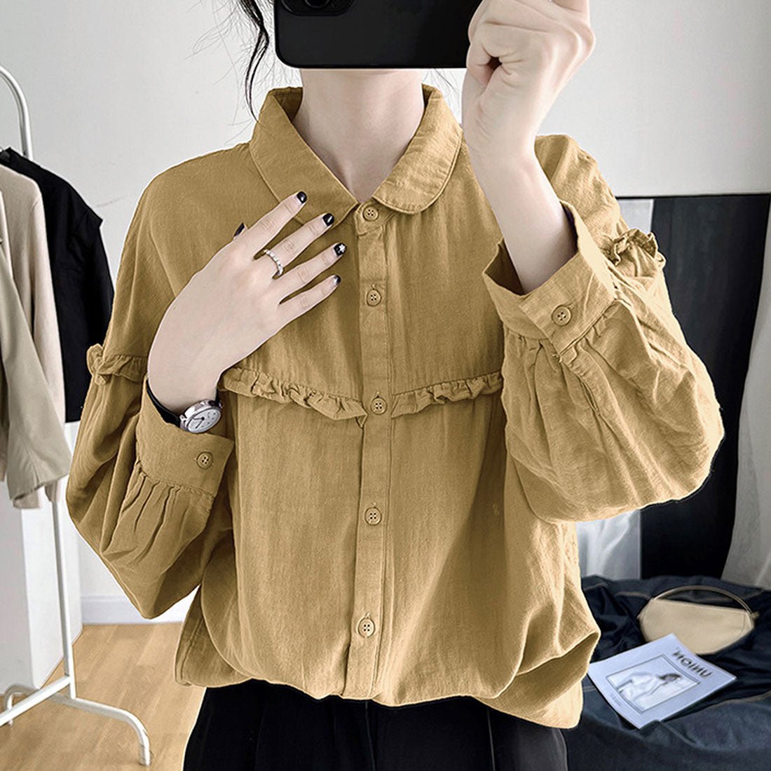 アミュレット Amulet ドロップショルダーギャザーブラウス レディース 10代 20代 30代 韓国ファッション 春 秋 カジュアル 長袖 おしゃれ 可愛い 白 無地