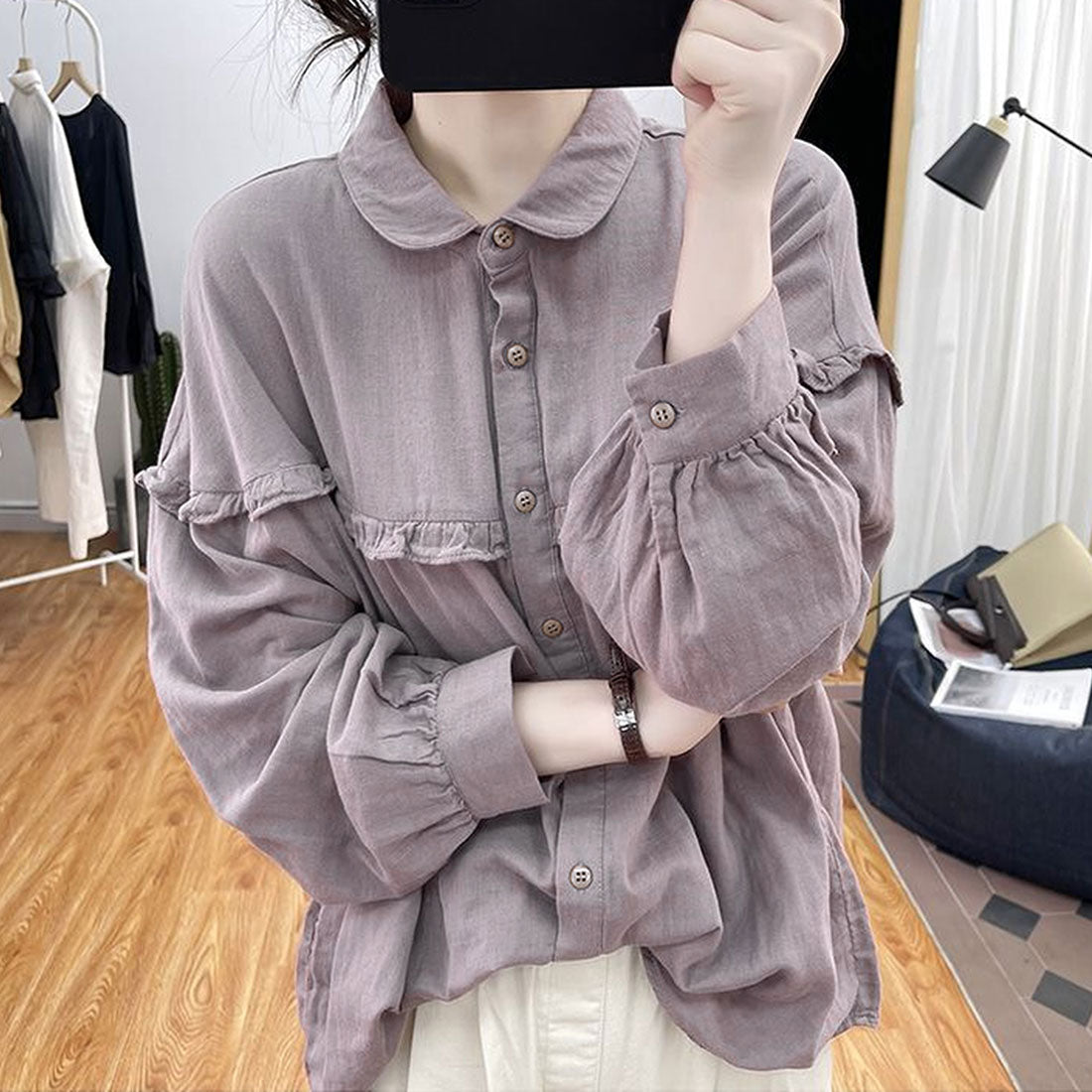 アミュレット Amulet ドロップショルダーギャザーブラウス レディース 10代 20代 30代 韓国ファッション 春 秋 カジュアル 長袖 おしゃれ 可愛い 白 無地