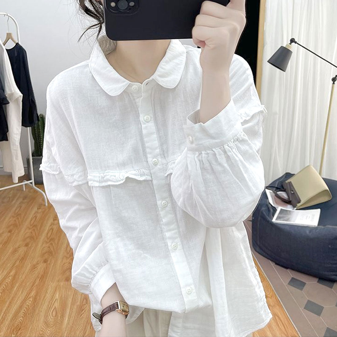 アミュレット Amulet ドロップショルダーギャザーブラウス レディース 10代 20代 30代 韓国ファッション 春 秋 カジュアル 長袖 おしゃれ 可愛い 白 無地