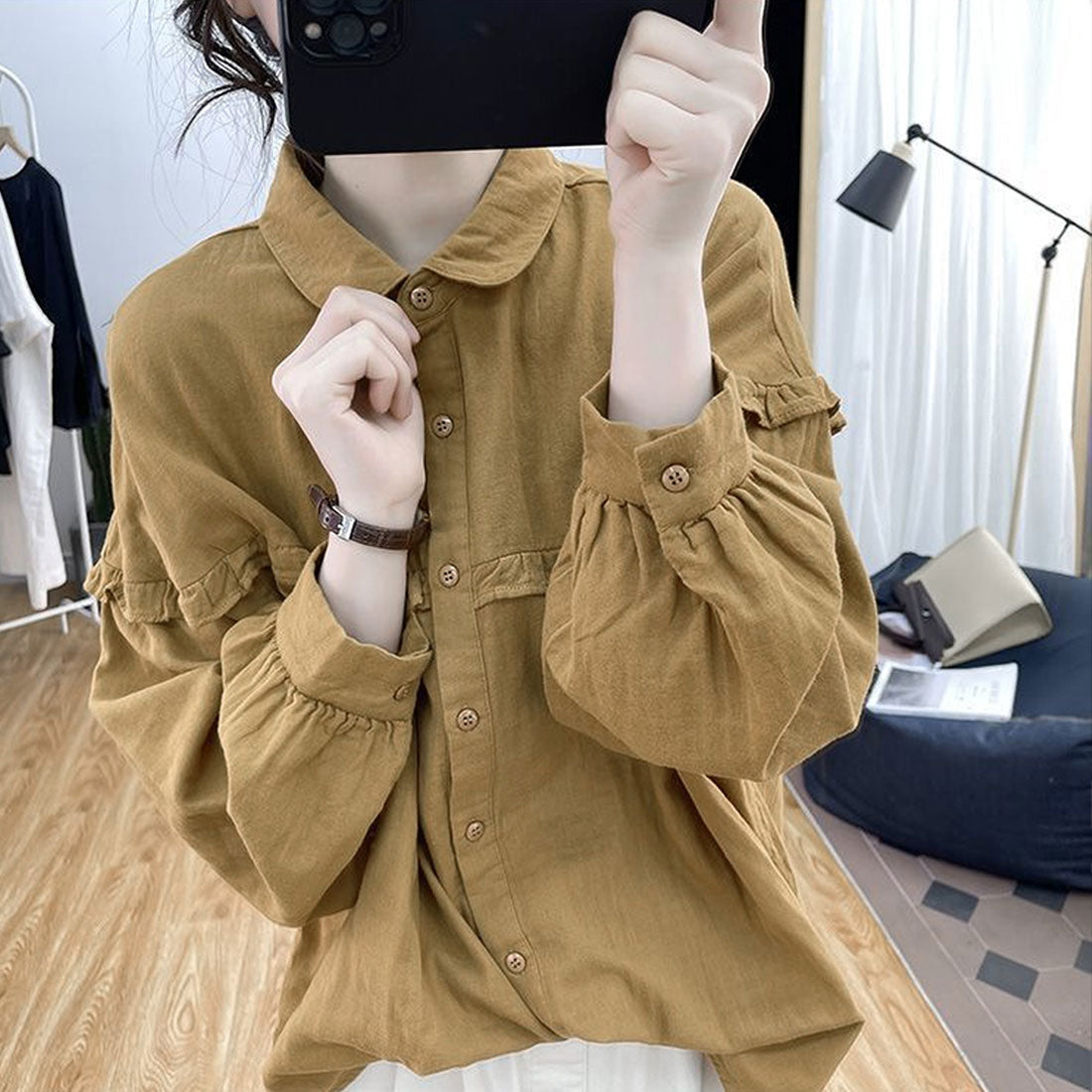 アミュレット Amulet ドロップショルダーギャザーブラウス レディース 10代 20代 30代 韓国ファッション 春 秋 カジュアル 長袖 おしゃれ 可愛い 白 無地