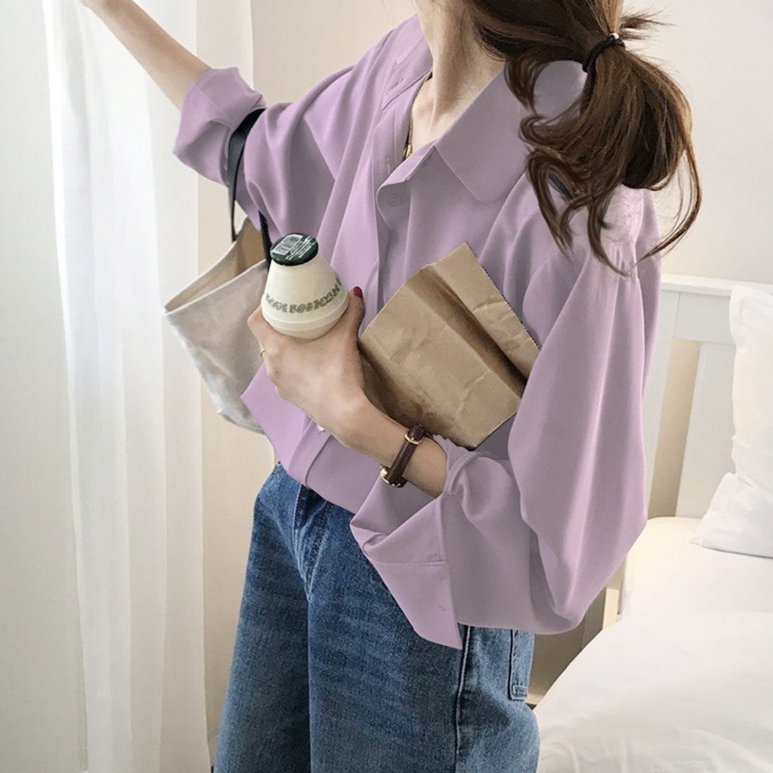 アミュレット Amulet ラウンドカラーとろみシャツ レディース 10代 20代 30代 韓国ファッション 春 秋 冬 カジュアル 長袖 シンプル おしゃれ 可愛い 白 黒