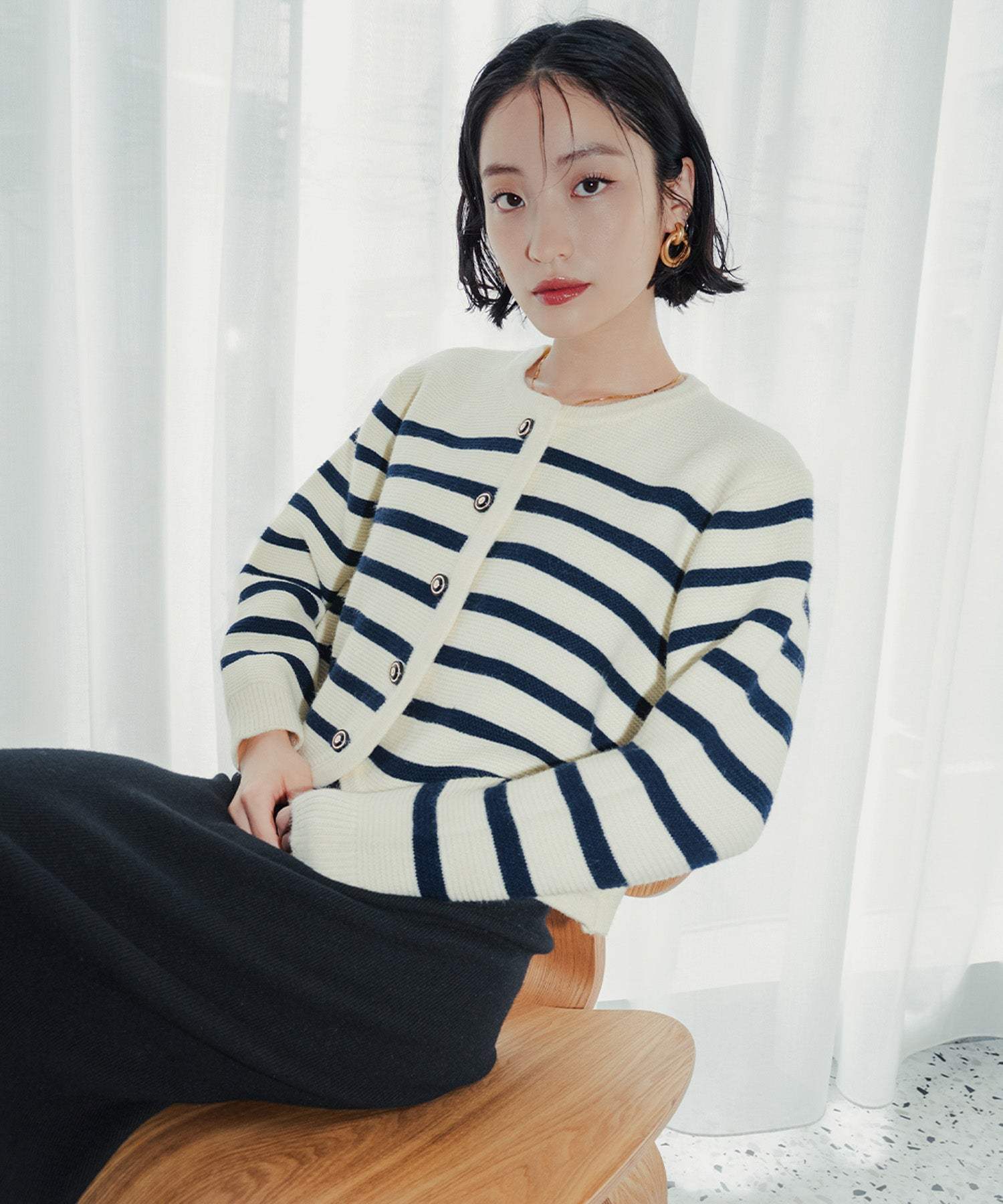 アンピルーラ Ampirula ボーダーニットカーディガン (アイボリーネイビー) アイボリーネイビー