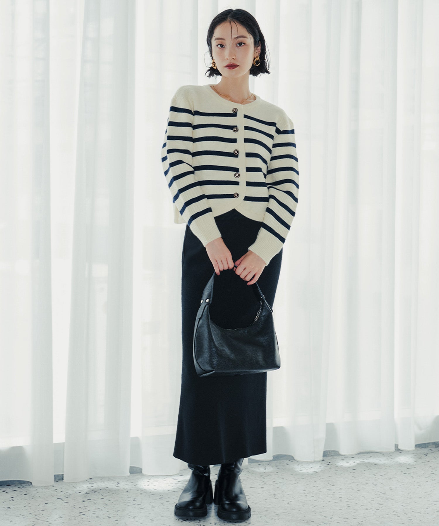 アンピルーラ Ampirula ボーダーニットカーディガン (アイボリーネイビー) アイボリーネイビー