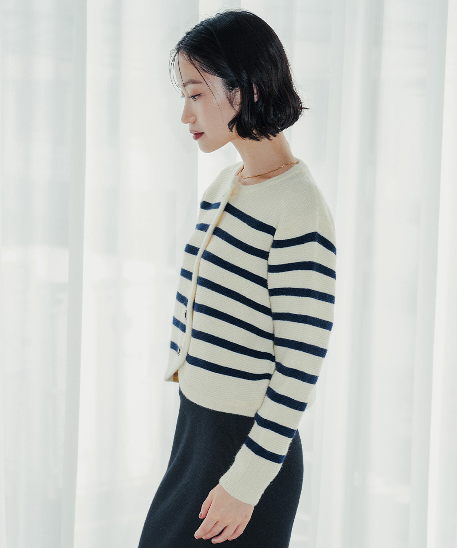アンピルーラ Ampirula ボーダーニットカーディガン (アイボリーネイビー) アイボリーネイビー