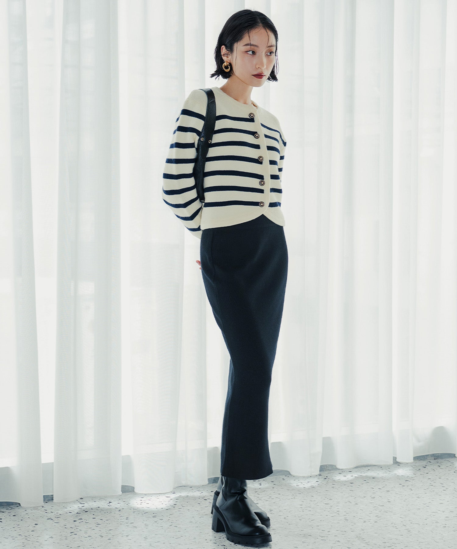 アンピルーラ Ampirula ボーダーニットカーディガン (アイボリーネイビー) アイボリーネイビー