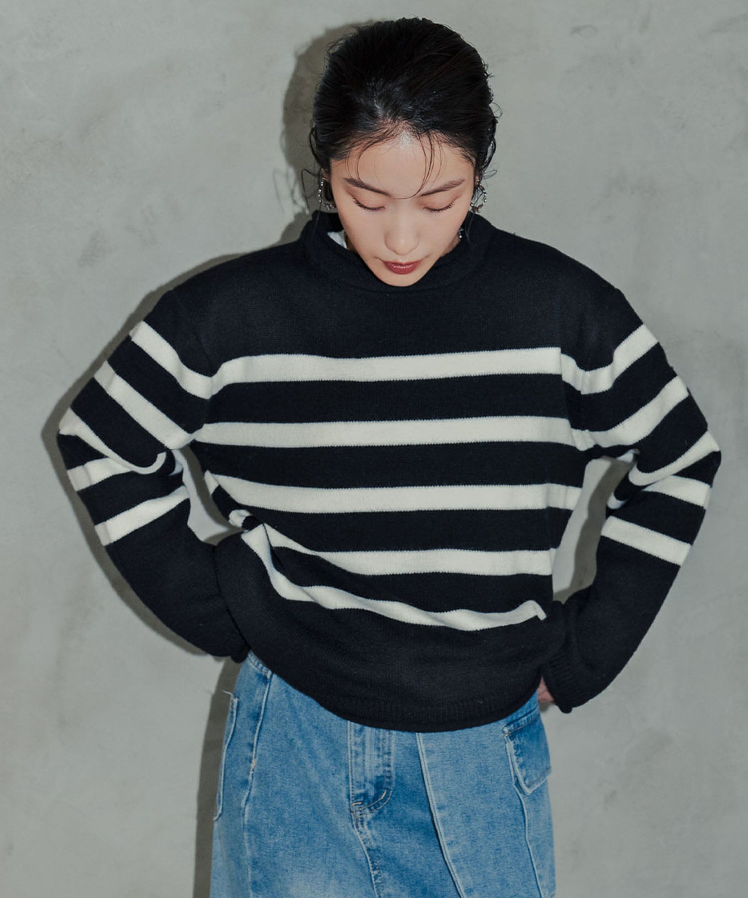 アンピルーラ Ampirula ボーダーニットプルオーバー (ブラックホワイト) ブラックホワイト