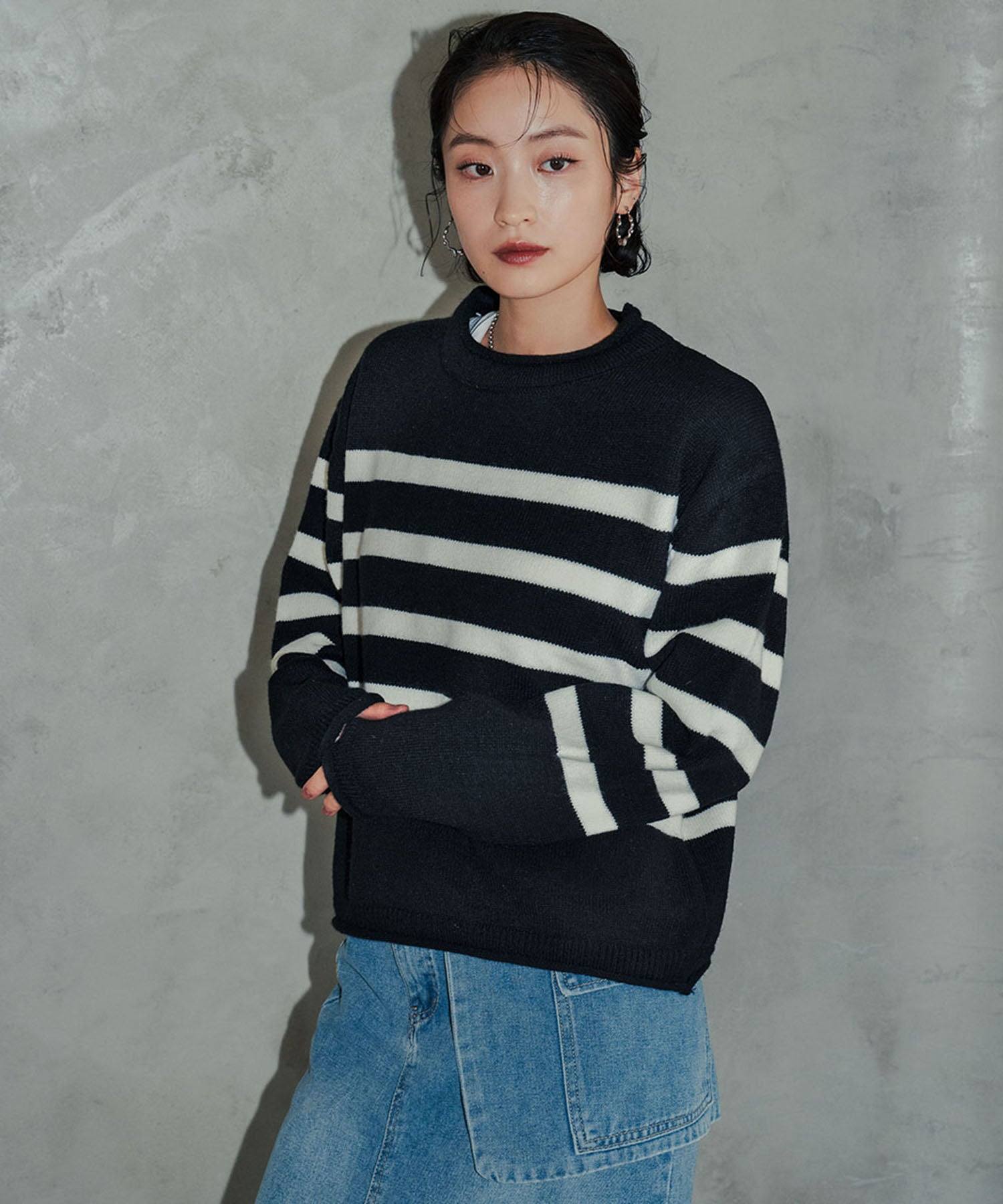 アンピルーラ Ampirula ボーダーニットプルオーバー (ブラックホワイト) ブラックホワイト