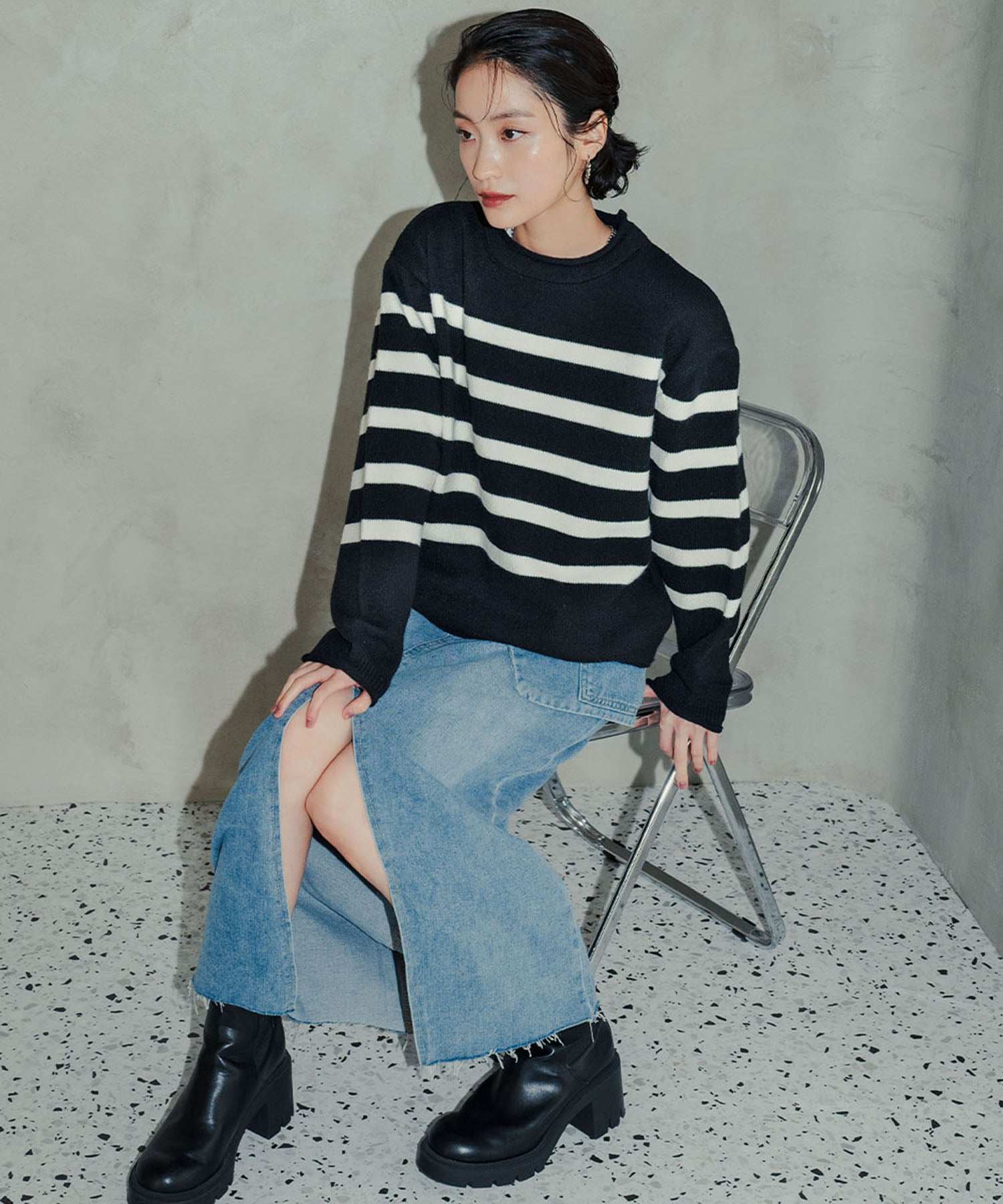 アンピルーラ Ampirula ボーダーニットプルオーバー (ブラックホワイト) ブラックホワイト