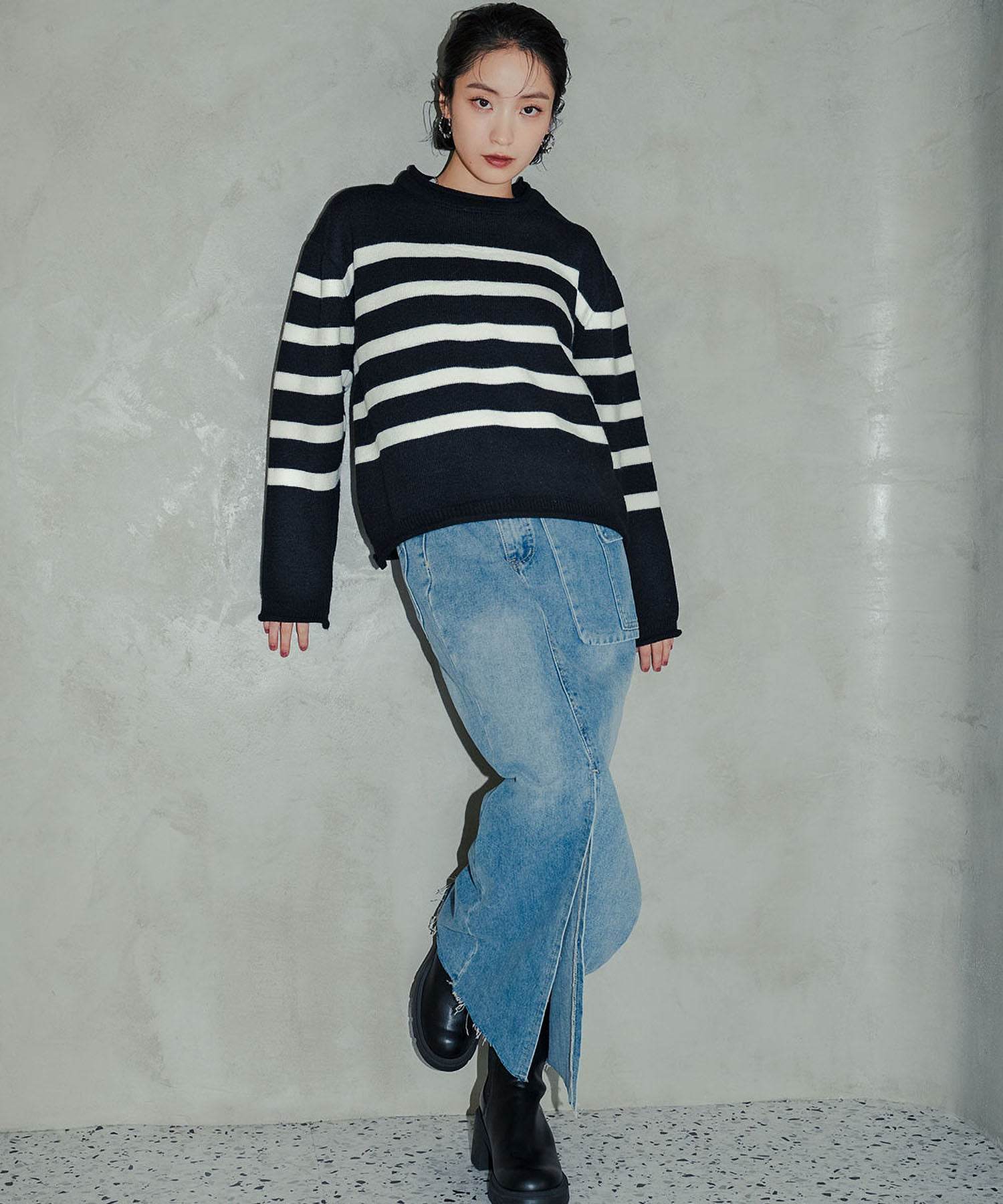 アンピルーラ Ampirula ボーダーニットプルオーバー (ブラックホワイト) ブラックホワイト