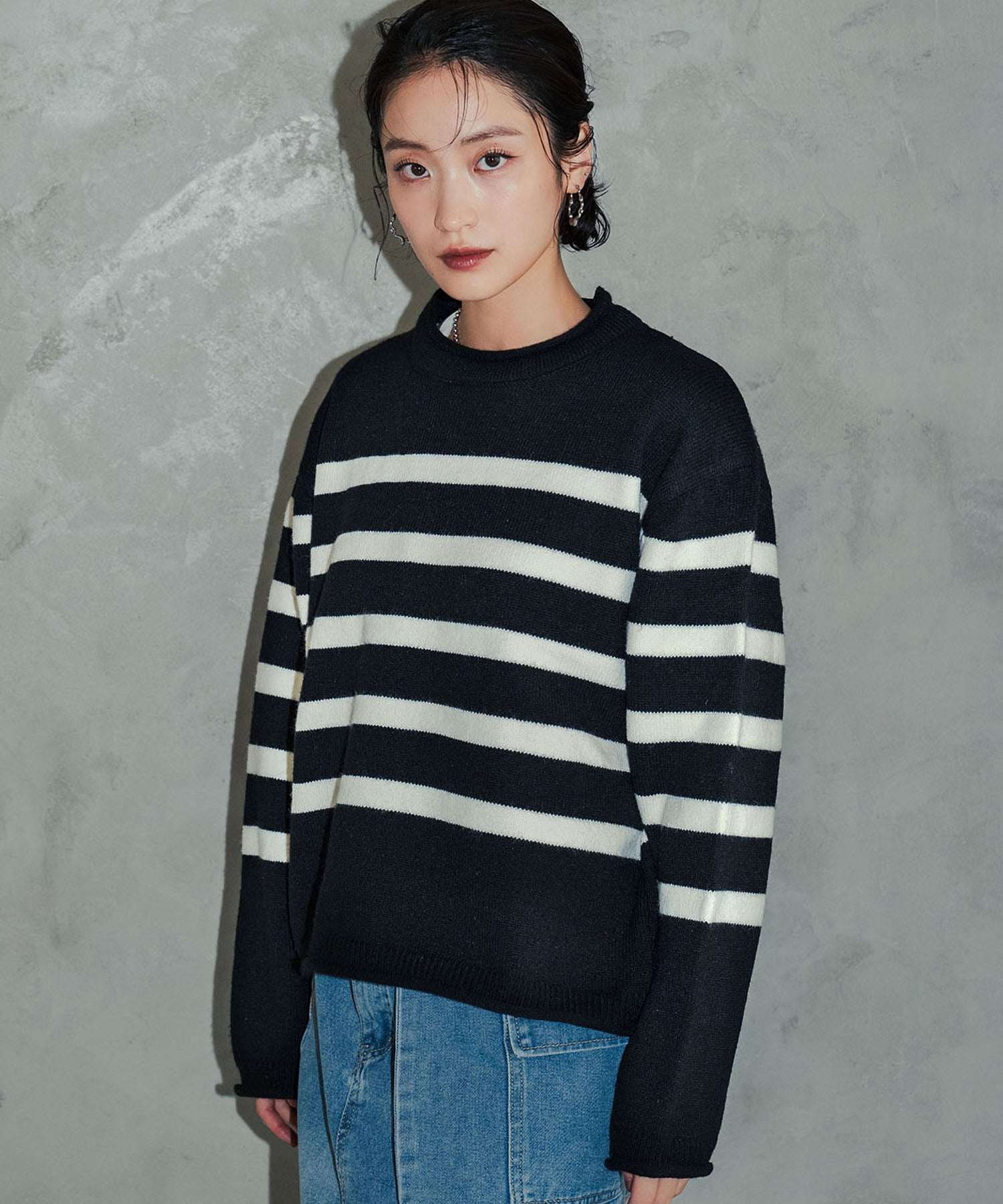 アンピルーラ Ampirula ボーダーニットプルオーバー (ブラックホワイト) ブラックホワイト